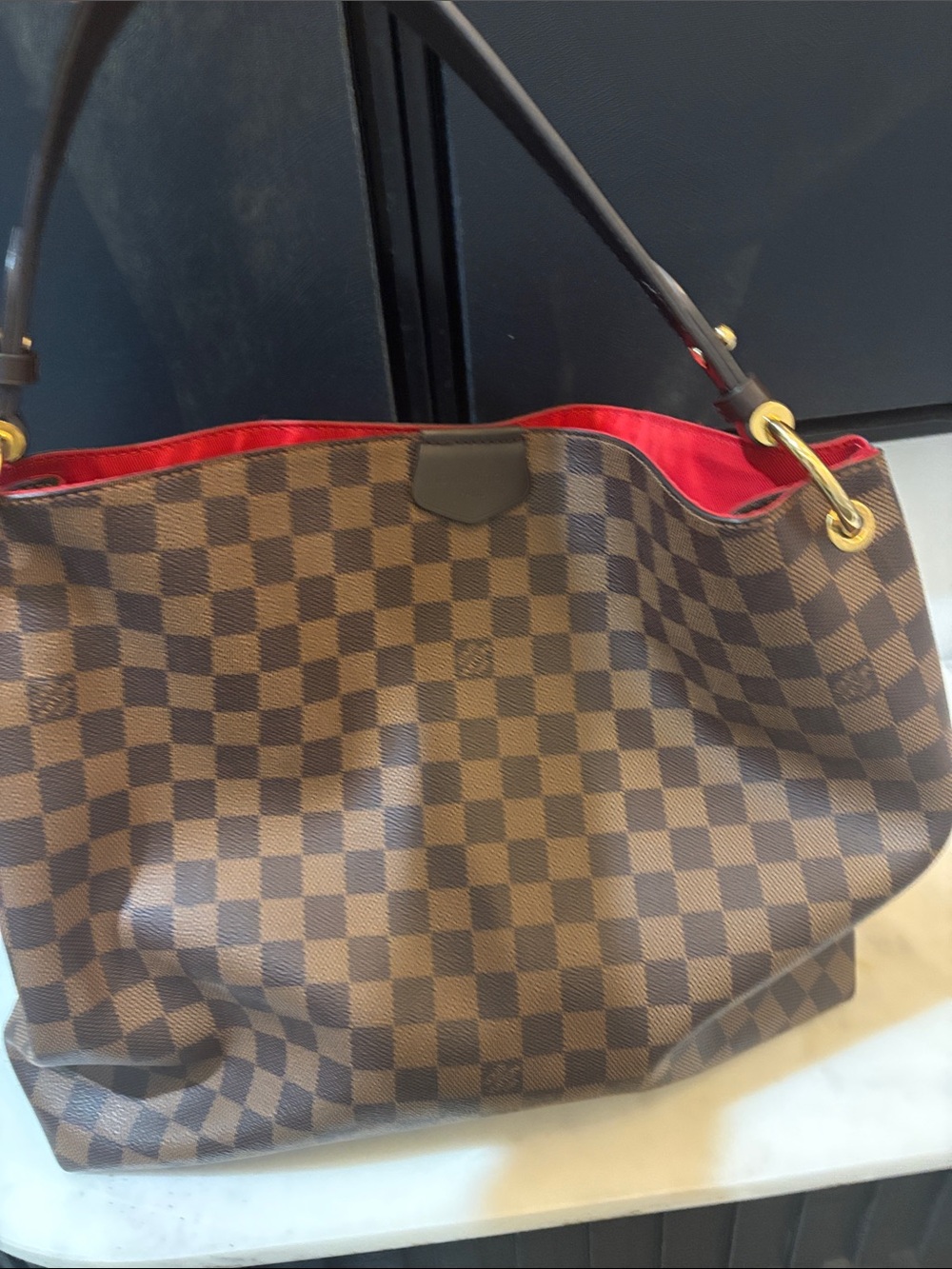 Louis Vuitton Brown Checkered Tote with Red Interior Ebene Graceful MM